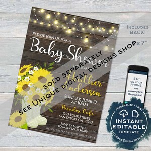 Sunflower Baby Shower Invitation, Editable Rustic Sunflower Invite, Rustic Baby Girl Boy Sunflower Theme, Printable Custom INSTANT ACCESS image 6