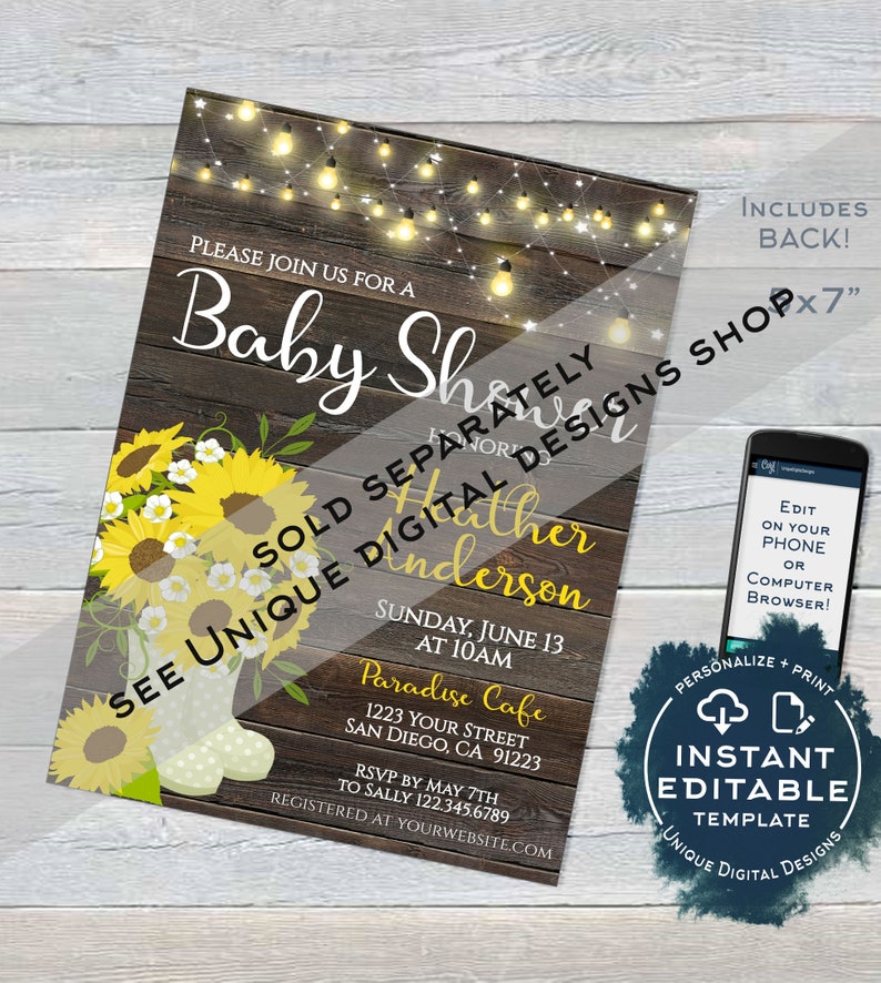 Sunflower Baby Shower Invitation, Editable Rustic Sunflower Invite, Rustic Baby Girl Boy Sunflower Theme, Printable Custom INSTANT ACCESS image 6