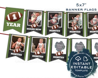 Football Banner Template, Editable Football First Year Photo Bunting Flags, diy 1st Birthday Decor Printable Template INSTANT ACCESS UBFT
