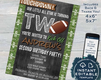 Football Birthday Invitation, Editable Second Birthday Invite Touchdown Two Footy Chalkboard Template Custom Printable INSTANT ACCESS UBFT