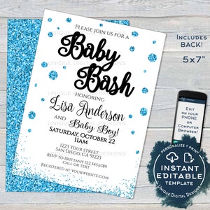 Baby Bash Shower Invitation, Editable Baby Sprinkle Invite, Baby Boy Blue Glitter Champagne, Custom Printable Template INSTANT ACCESS 5x7