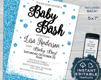 Baby Bash Shower Invitation, Editable Baby Sprinkle Invite, Baby Boy Blue Glitter Champagne, Custom Printable Template INSTANT ACCESS 5x7