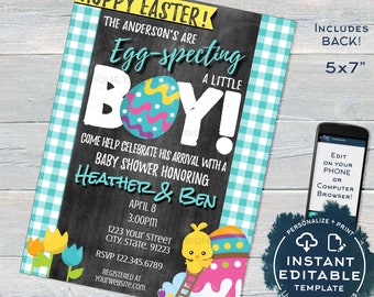Easter Baby Shower Invitation, Editable Eggspecting Baby Boy Invite, Easter Egg Hoppy Easter, Personalize Custom Printable INSTANT ACCESS
