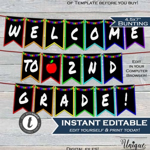 Back to School Classroom decoration Welcome to School Pennant Flags ANY Grade Any Colors banner Printable Digital Template INSTANT EDITABLE