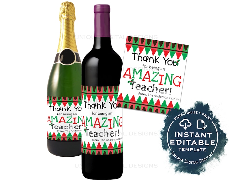 Editable Teacher Appreciation Christmas Gift Wine Bottle Label Wine Label Sticker Champagne Gift for Teacher Staff Printable INSTANT ACCESS