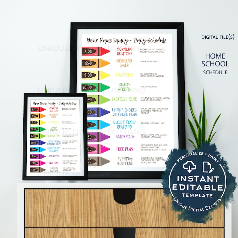 May include: Printable homeschool daily schedule template with a colorful crayon design. The schedule includes times for morning routine, academics, free play, and evening routine. The text "Your Name Family - Daily Schedule" is at the top of the page.