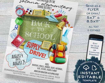 School Supply Drive Flyer, Editable School Donation Invitation Printable Pta Pto Flyer Back to School Invite Digital Template INSTANT ACCESS