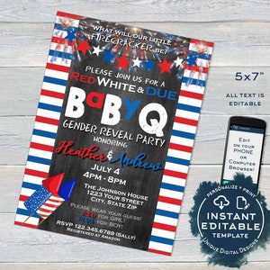 Stars and Stripes BabyQ Gender Reveal Invitation, Editable 4th of July Firecracker Baby Shower He or She bbq, diy Printable INSTANT ACCESS