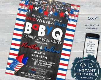 Stars and Stripes BabyQ Gender Reveal Invitation, Editable 4th of July Firecracker Baby Shower He or She bbq, diy Printable INSTANT ACCESS