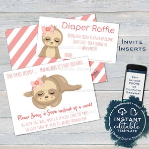 Sloth Baby Shower Diaper Raffle Ticket, Books for Baby Shower Invitation Inserts Editable Sloth theme Baby Shower Girl Card INSTANT ACCESS