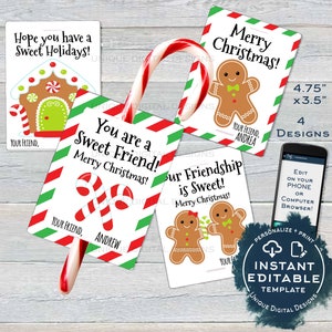 Etiqueta de lembrancinhas de Natal de bengala de doces, cartões de agradecimento de Natal editáveis para sala de aula infantil, modelo personalizado para professores para impressão faça você mesmo ACESSO INSTANTÂNEO
