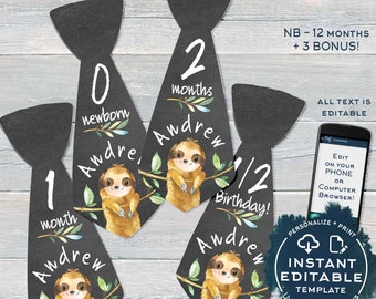 Sloth Baby Boy Ties, Editable Milestone Stickers for Boy, Photo Prop Bodysuit Monthly Sticker Chalkboard Printable Custom INSTANT ACCESS