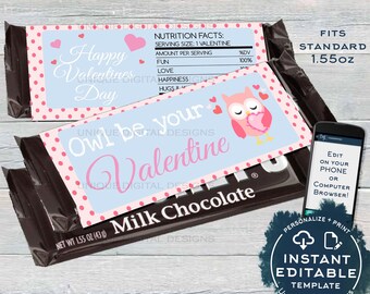 Editable Owl Valentines Day Candy Bar Wrapper, Love Chocolate Bar Owl be yours decoration, Valentine Gift Printable INSTANT ACCESS 1.55oz