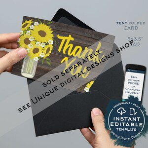 May include: A thank you card with a sunflower and mason jar design. The card is 5x3.5 inches and is sold separately. The card is editable and can be personalized. The text on the card says "Thank You".