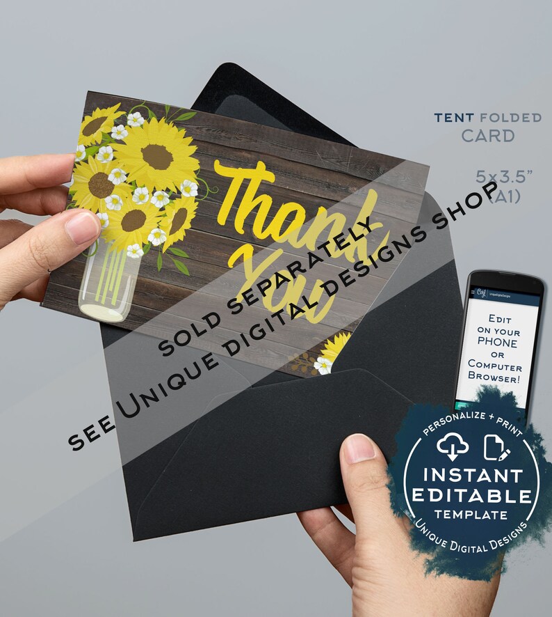 May include: A thank you card with a sunflower and mason jar design. The card is 5x3.5 inches and is sold separately. The card is editable and can be personalized. The text on the card says "Thank You".