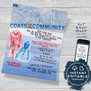 Bearbeitbarer Wintermantel-Drive-Flyer, Mäntel für die Community-Spendenaktionseinladung, Kirchenjacken-Spenden-Wohltätigkeitsorganisation, druckbarer PTA-SOFORTZUGANG