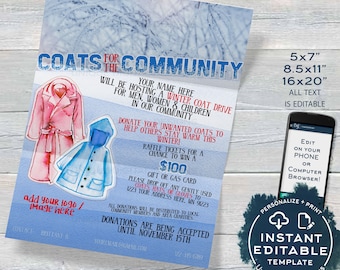 Editable Winter Coat Drive Flyer, Coats for the Community Fundraiser Invitation, Church Jacket Donation Charity Printable PTA INSTANT ACCESS