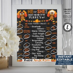 Little Turkey Gender Reveal Party Editable Old Wives Tales Sign Baby Turkey Sign Chalkboard Custom Digital Printable INSTANT ACCESS 16x20