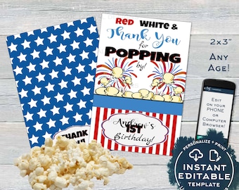 4th of July Popcorn Tag, Editable Popcorn Party Favor Labels, Food Tag Birthday Thank You for Poppin By, Printable Custom INSTANT ACCESS