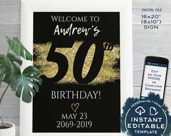 50th Birthday Welcome Sign, ANY Year, Adult Birthday Party Decoration, Black Gold Glitter diy Printable Template INSTANT EDITABLE 16x20 8x10