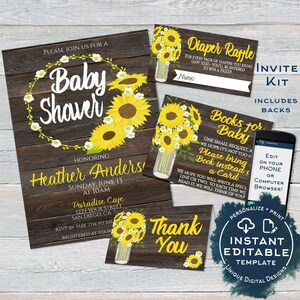 Sunflower Baby Shower Invitation KIT, Editable Diaper Raffle, Books for Baby Invite Insert Thank You Rustic Sunflower Print INSTANT ACCESS