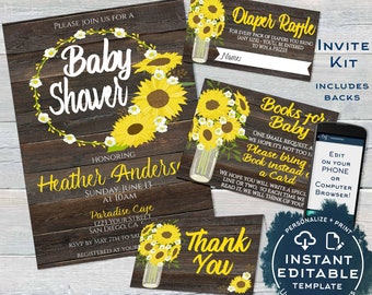 Sunflower Baby Shower Invitation KIT, Editable Diaper Raffle, Books for Baby Invite Insert Thank You Rustic Sunflower Print INSTANT ACCESS