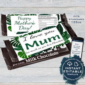 Regalo per la festa della mamma, Involucro modificabile per barretta di cioccolato, Barretta di cioccolato per apprezzamento della mamma Festa della mamma Foglia verde Stampabile personalizzato ACCESSO IMMEDIATO 1,55 once