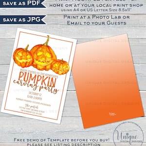 May include: An orange and white printable invitation for a pumpkin carving party. The invitation features a watercolor illustration of three pumpkins with jack-o-lantern faces. The text on the invitation reads "You're invited to the Anderson's Pumpkin Carving Party, October 12, 12:00-2:00PM, Pumpkins provided! Costumes encouraged, The Patch, 1223 Your Street, San Diego, CA 92223, RSVP to Heather (123) 345-6789."