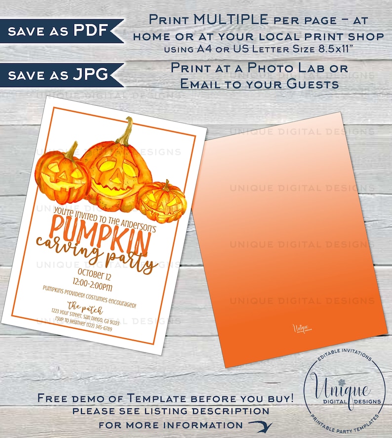 May include: An orange and white printable invitation for a pumpkin carving party. The invitation features a watercolor illustration of three pumpkins with jack-o-lantern faces. The text on the invitation reads "You're invited to the Anderson's Pumpkin Carving Party, October 12, 12:00-2:00PM, Pumpkins provided! Costumes encouraged, The Patch, 1223 Your Street, San Diego, CA 92223, RSVP to Heather (123) 345-6789."