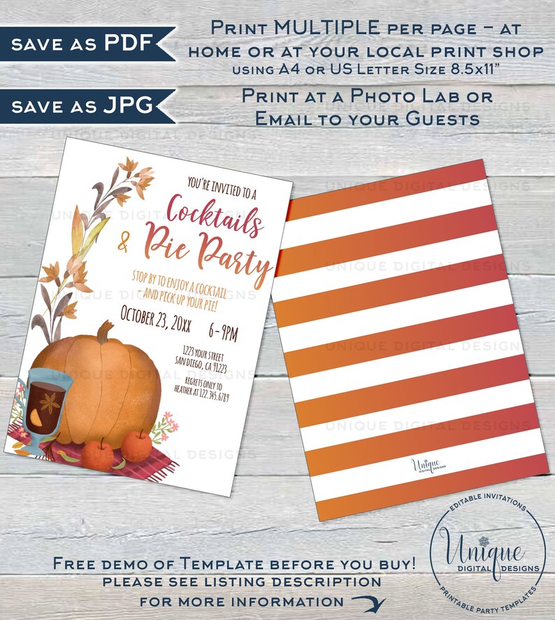 Pie Party Invite, Editable Cocktails and Pie Party Invite, Fall Party Invitation, Customer Appreciation Pumpkin Pie Printable INSTANT ACCESS image 3