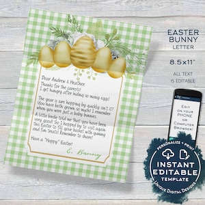 May include: An 8.5x11 inch printable Easter bunny letter with a green gingham background. The letter features a gold and white illustration of a nest with eggs and flowers. The text reads: "Dear Andrew & Heather, Thanks for the carrots! I get hungry after hiding so many eggs! The year is sure hopping by quickly isn't it? You have both grown so much! I remember when you were just a baby bunnies. A little birdie told me that you have been very good! So I hopped by to visit again this Easter to fill your basket with yummy and fun treats! Remember to share! Have a "Hoppy" Easter! E. Bunny"