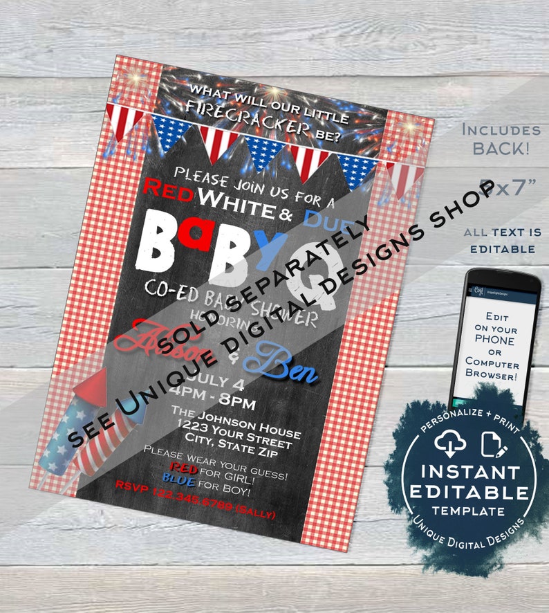 Babyq Gender Reveal Invitation Girl Or Boy He Or She Stars Stripes q Editable Red Or Blue Baby Shower Printable Custom Instant Access Templates Invitations Announcements
