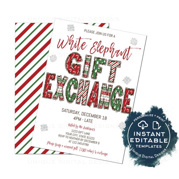 Holiday Gift Exchange Party Invitation, Editable Christmas White Elephant Invite, Winter Present Gift Giving Party, DIY Printable INSTANT