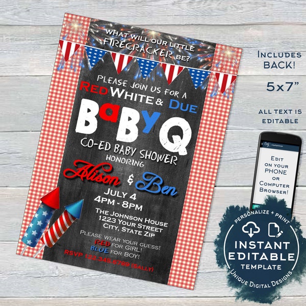 4th of July Baby Shower Invitation, Editable Firecracker BabyQ Invite, Co-ed Baby Shower, Red White and Due BBQ Printable INSTANT ACCESS