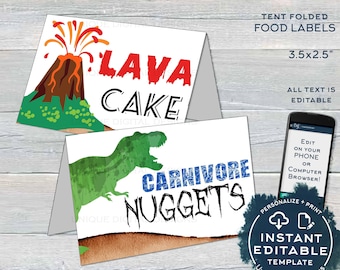 Cartões editáveis de comida de dinossauro, etiquetas de comida Stomp Chomp Roar, tema de aniversário de dinossauro, decorações de barraca de comida, impressão personalizada, ACESSO INSTANTÂNEO