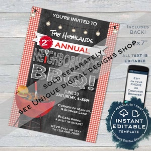 May include: A digital invitation for a neighborhood BBQ, featuring a chalkboard-style design with red and white gingham borders. The invitation includes text such as "2nd Annual Neighborhood BBQ!" and event details. A smartphone and a graphic with the words "Instant Editable Template" are also shown.