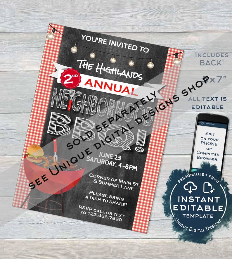 May include: A digital invitation for a neighborhood BBQ, featuring a chalkboard-style design with red and white gingham borders. The invitation includes text such as "2nd Annual Neighborhood BBQ!" and event details. A smartphone and a graphic with the words "Instant Editable Template" are also shown.
