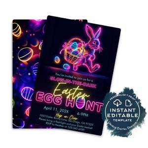 Glow in the Dark Egg Hunt, Editable Easter Egg Hunt Invite, Neon Birthday Party Hoppy Easter Bunny, Personalized Phone Custom Print INSTANT image 2