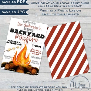 May include: Printable invitation template for a backyard bonfire party. The invitation features a watercolor illustration of a campfire with marshmallows on sticks, and the text "You're invited to the Anderson's 3rd Annual Backyard Bonfire, Saturday, October 4th, 7-11pm".