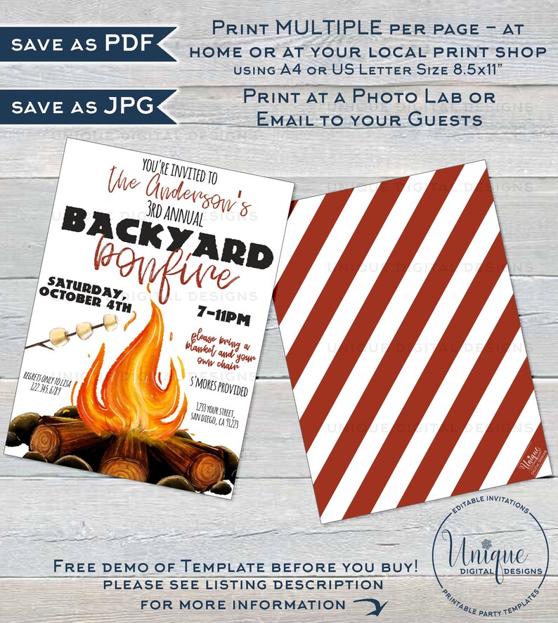 May include: Printable invitation template for a backyard bonfire party. The invitation features a watercolor illustration of a campfire with marshmallows on sticks, and the text "You're invited to the Anderson's 3rd Annual Backyard Bonfire, Saturday, October 4th, 7-11pm".