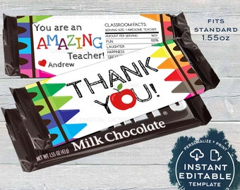 Teacher Appreciation Gift, Editable Candy Bar Wrapper Template, Teacher Thank You, Chocolate Bar Crayons, Printable INSTANT ACCESS 1.55oz