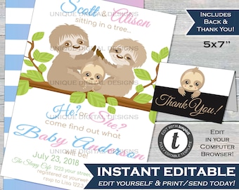 Sloth Gender Reveal Invitation Editable Sloth Invite He or She Baby Sloth First come Love then comes Printable Template INSTANT ACCESS 5x7