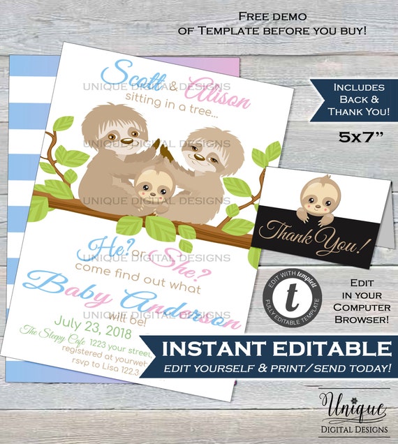 Sloth Gender Reveal Invitation Editable Sloth Invite He Or She Baby Sloth First Come Love Then Comes Printable Template Instant Access 5x7