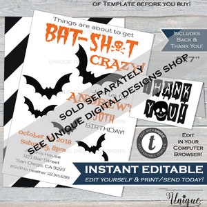 May include: A printable Halloween party invitation with bats and the text "Bat-Shot Crazy!"  The invitation is for Andrew's 30th birthday.  The text "Sold Separately" and "Unique Digital Designs" is also included.  The invitation is editable and can be printed and sent.