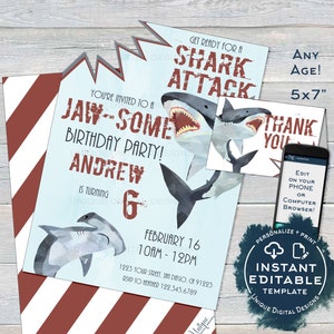 May include: A blue and white printable invitation for a birthday party with a shark theme. The invitation says "Get ready for a shark attack!" and "You're invited to a jaw-some birthday party! Andrew is turning 6." The invitation also includes the date and time of the party, the address, and the RSVP information. The invitation is 5x7 inches.