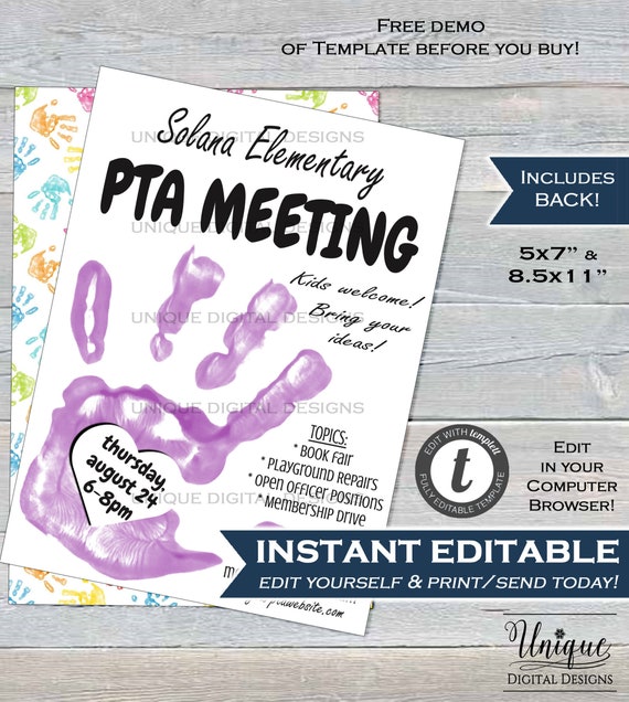 Editable Pta Meeting Invitation Parent Teacher Invite Pto Etsy
