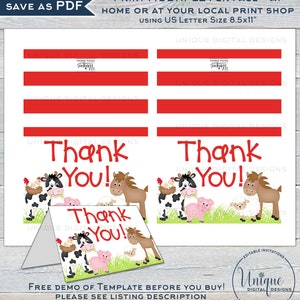 May include: A printable PDF template with a farm animal theme. The design includes red stripes, the words "Thank You!", and illustrations of a cow, horse, pig, and sheep. The text "Unique Digital Designs" is also present.