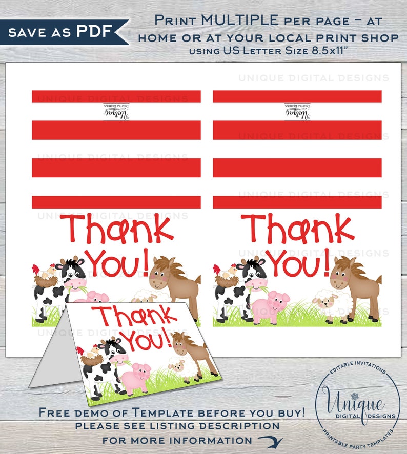 May include: A printable PDF template with a farm animal theme. The design includes red stripes, the words "Thank You!", and illustrations of a cow, horse, pig, and sheep. The text "Unique Digital Designs" is also present.