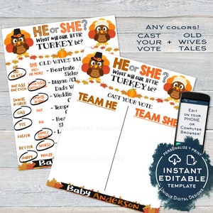 Fiesta de revelación de género de Little Turkey, signo editable de cuentos de viejas esposas, cartel de pavo bebé de voto emitido, acceso instantáneo imprimible digital personalizado
