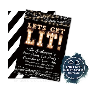 Editable Let's Get Lit New Years Eve Party Invitation, Lets Get Drunk Holiday Party Celebrate Marquee Lights, Printable Adult INSTANT ACCESS INVITE ONLY